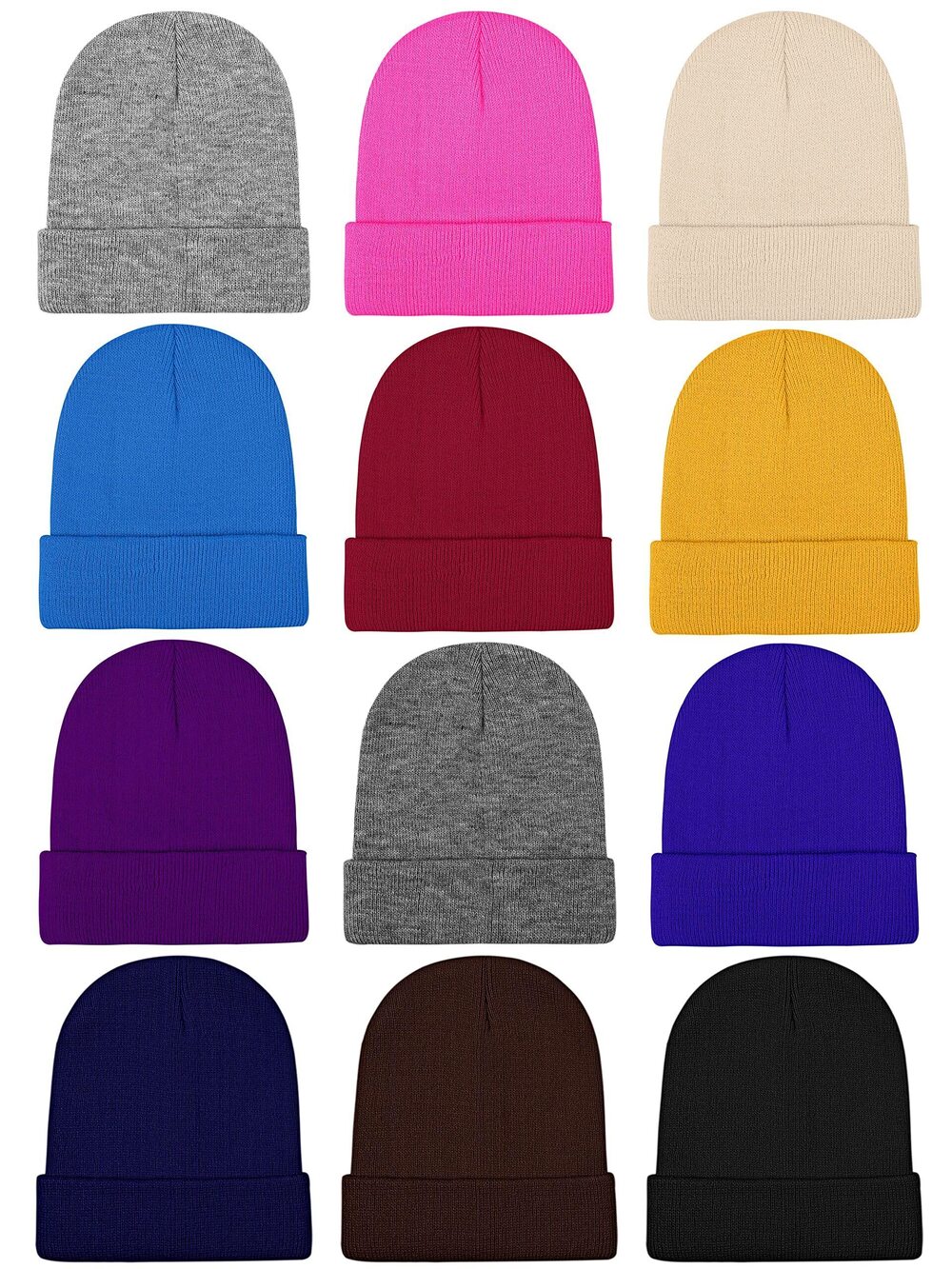 1917 12 Pack Knitted Winter Beanie Cold Weather Acrylic Warm Skull Cap Cuff